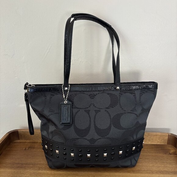Coach Black Sateen Signature C Black Patent Leather Trim Studded Tote - Picture 1 of 10
